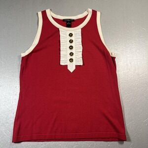 August Silk Tank Top Womens Petite Large Red White Ruffle Front Sleeveless